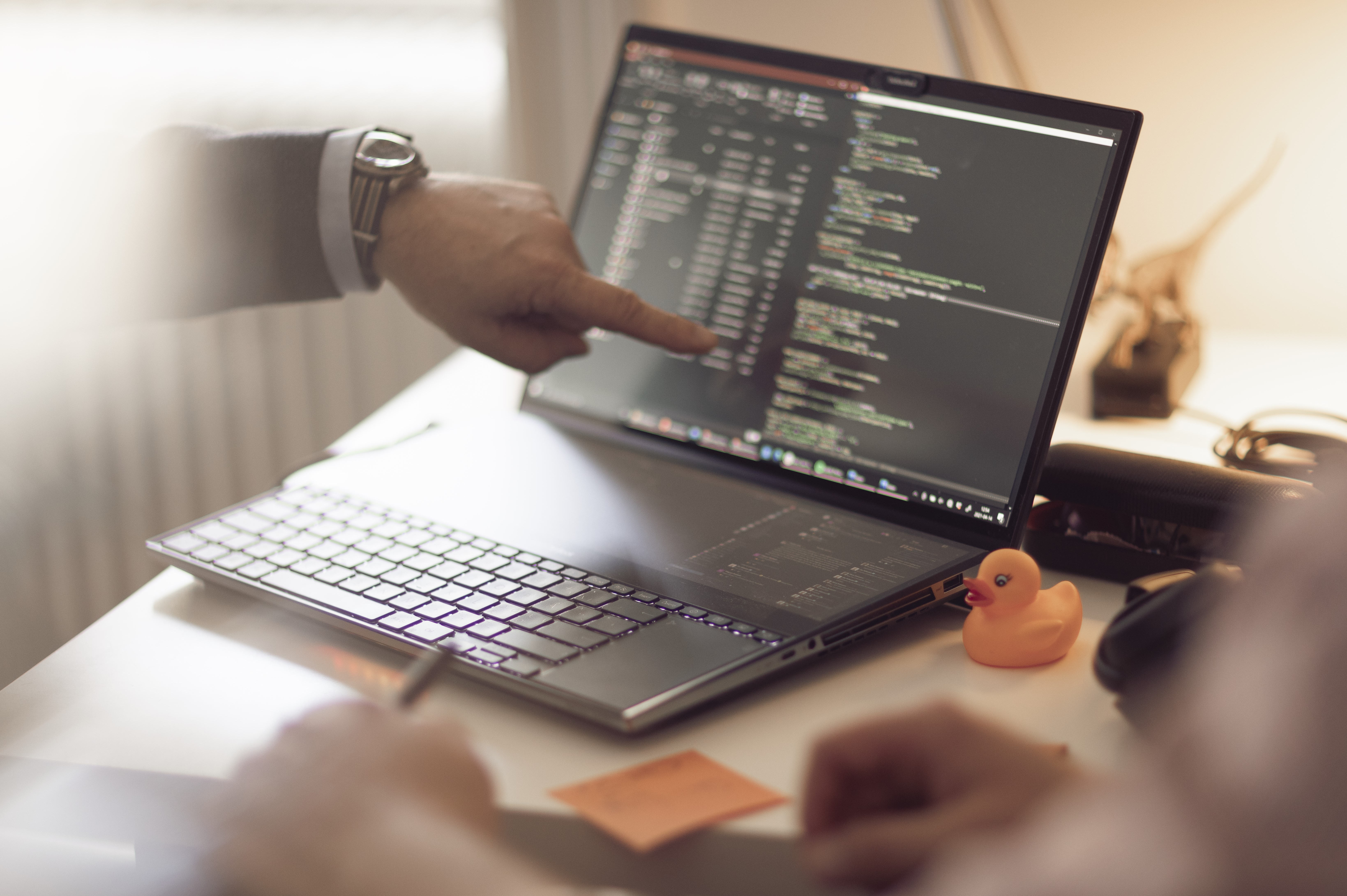 Me pointing at a computer with a rubber duck on the side. Me pointing at a computer with a rubber duck on the side.